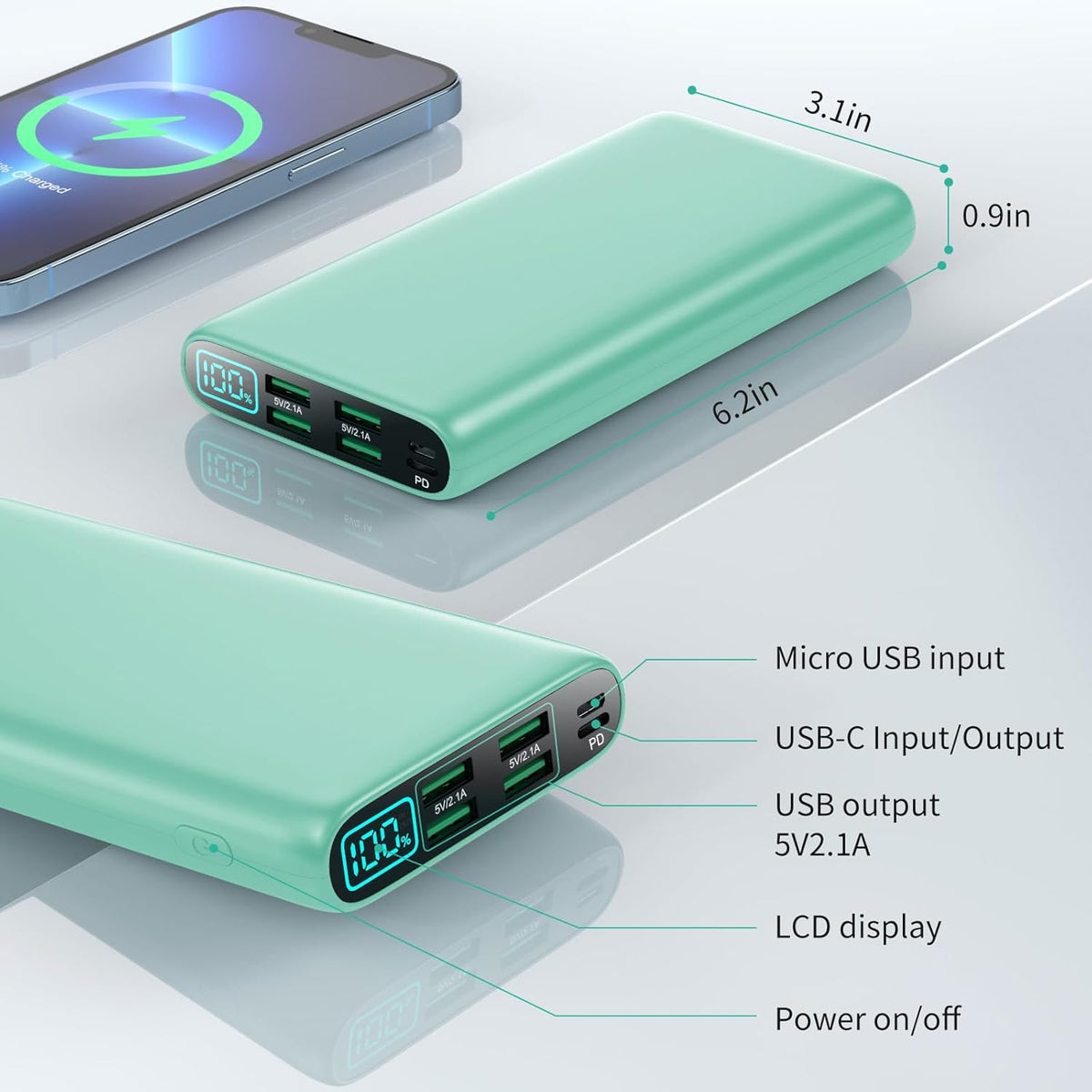 Portable Charger 38800mAh,LCD Display Power Bank,5 USB Outputs Battery Pack Backup,USB-C in&out Dual Input Phone Charging Compatible with iPhone 16/15/14 Pro,Android Samsung Galaxy Pixel Nexus-Green