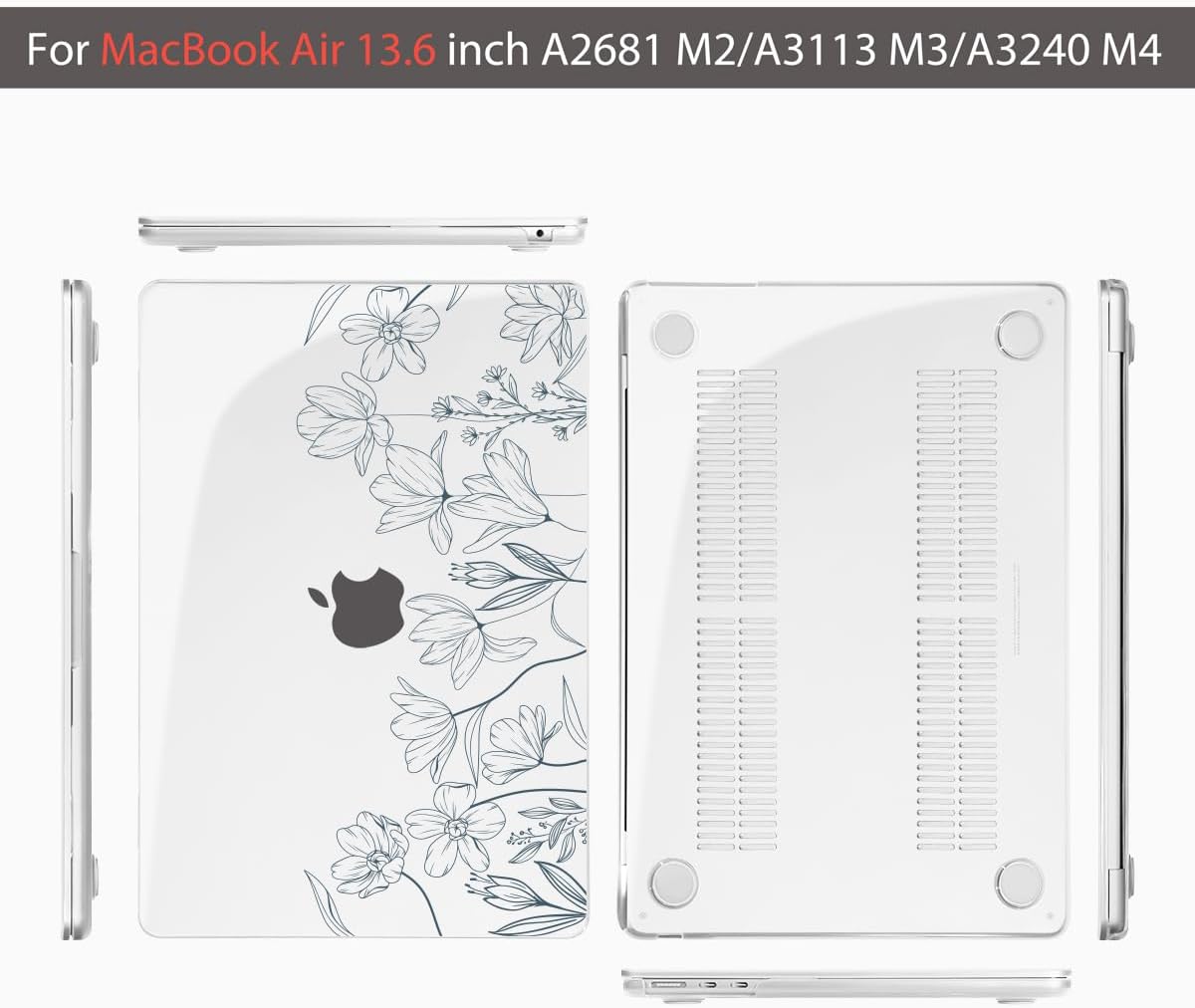 Teryeefi for 2025 2024 2023 2022 MacBook Air 13.6 inch Case M2 M3 M4 Model A3240/A3113/A2681, Glossy Plastic Hard Shell Cover with Screen Protector & Keyboard Cover & USB 3.0 Adapter, Wild Flowers