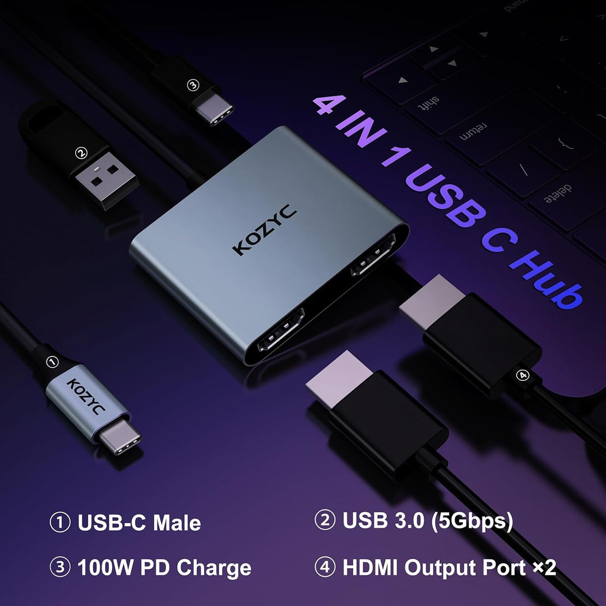 USB C to Dual HDMI Adapter 4K@30Hz, KOZYC USB C Hub Multiport Adapter with 2xHDMI, USB 3.0, 100W PD, Support USB C to HDMI Splitter Extended Display for MacBook Pro (MST is not Supported on MacOS)