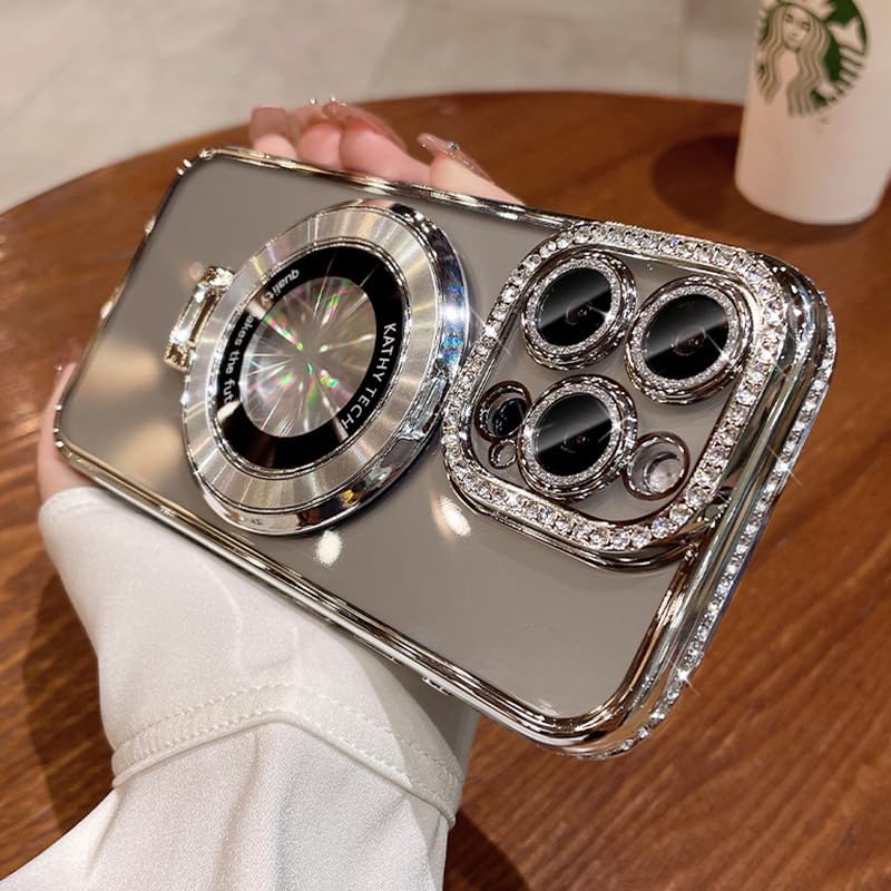 Magnetic Kickstand (Glitter Lens Protector ) Case for iPhone 15 14 13 12 Pro Max (Compatible with Magsafe ) Sparkling Diamond Cover Glitter Shiny Rhinestone Cases (Silver,for iPhone 15 Pro Max)