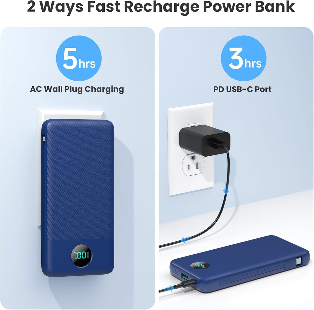 Portable Charger 13800mAh Slim USB C Power Bank with Built in Cables and Wall Plug,LCD Display Lightweight Travel Battery Pack,PD Fast Charging Compatible with iPhone 15,14,Samsung Android-Navy