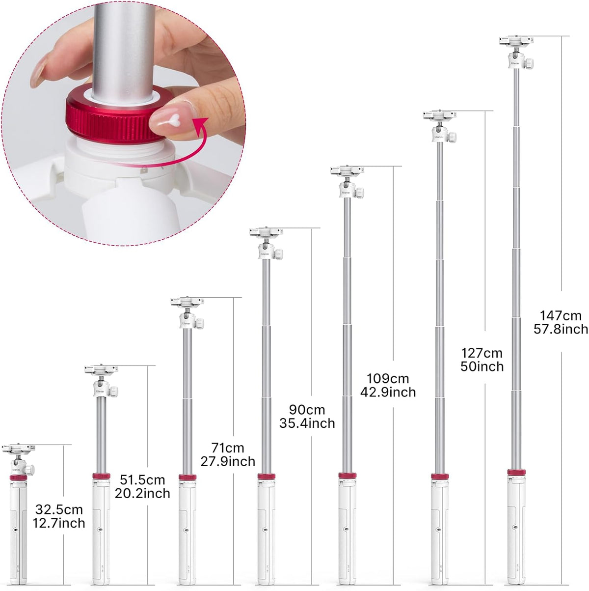 ULANZI MT-44 Extendable Phone Tripod, 59" Selfie Stick Portable Vlog Tripod Stand with 2 in 1 Phone Clip 1/4" Screw, 360° Ball Head Camera Tripod for DJI Pocket Sony Canon Action Fujifilm, White