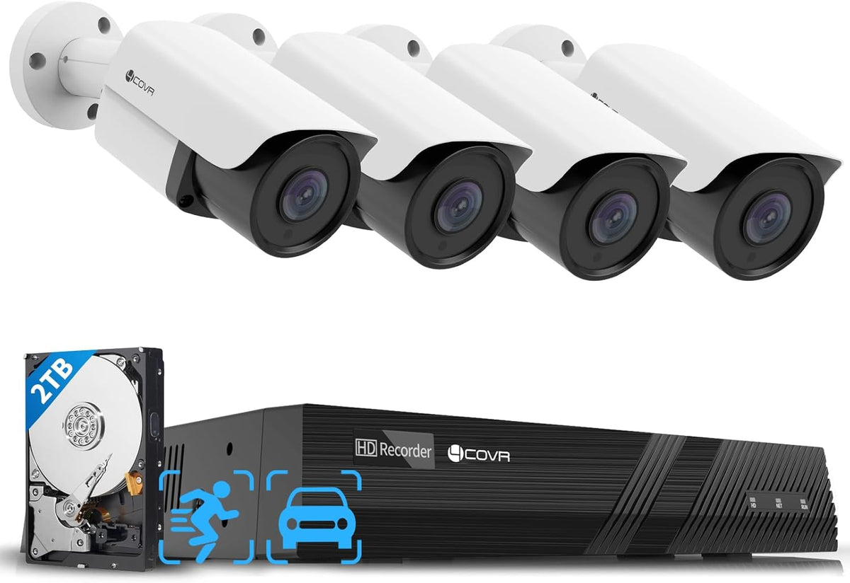 4COVR 4 Camera Security System, 8CH 8MP H.265 UHD NVR with 2TB HDD, 4Pcs Bullet 5MP Wired PoE IP Camera with Audio, IP67 Weatherproof, Person Vehicle Detection & Night Vision, LY37EX5M0804