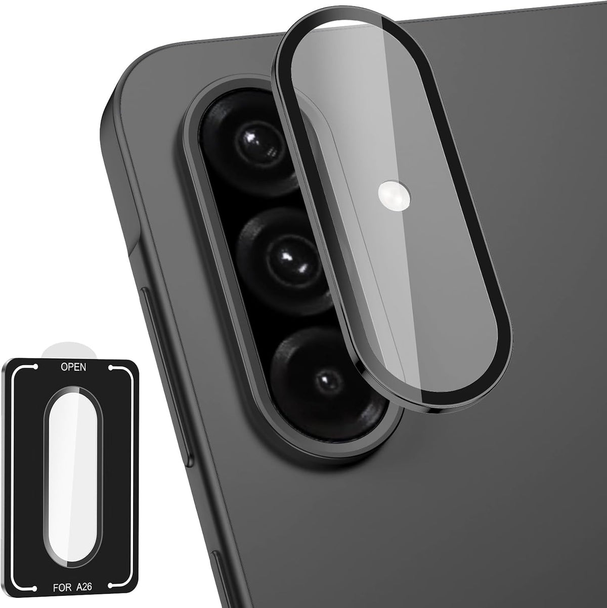 for Samsung Galaxy A26 Camera Lens Protector, Individual Metal Ring Tempered Glass Lens Cover, [Strong Adsorption] Scratch Resistant Ultra-Thin HD Clear Lens Cover, 1 Set-Black