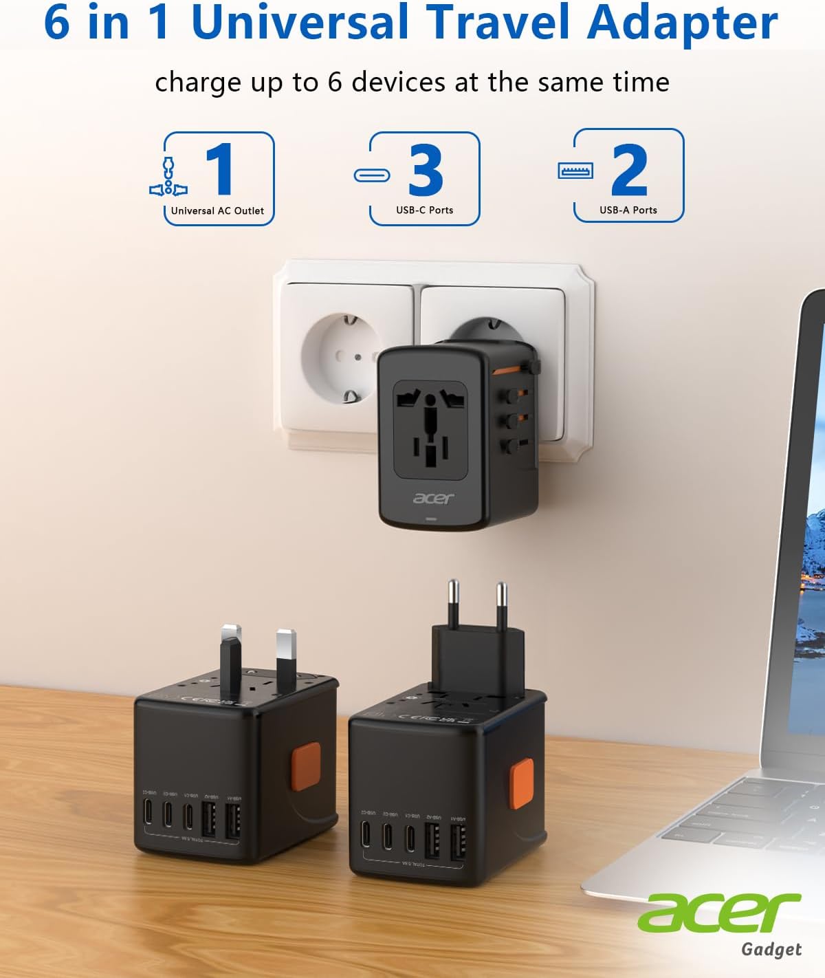 Acer Universal Travel Plug Adapter - International Power Adapter with 5 USB Ports (3 USB C) 5.8A, Worldwide Outlet Charger for USA to European UK France Germany Spain, Type C/E/F/G/I/L/A, Black