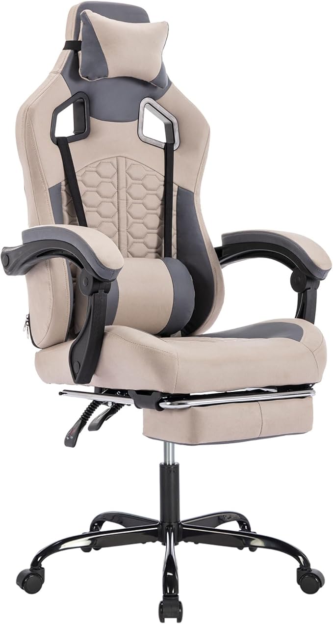Grey Ergonomic Gaming Chairs for Adults Swivel Height Adjustable Comfortable Office Desk Chair with Footrest and Lumbar Support PU Upholstered Computer Chair with Headrest (Grey)