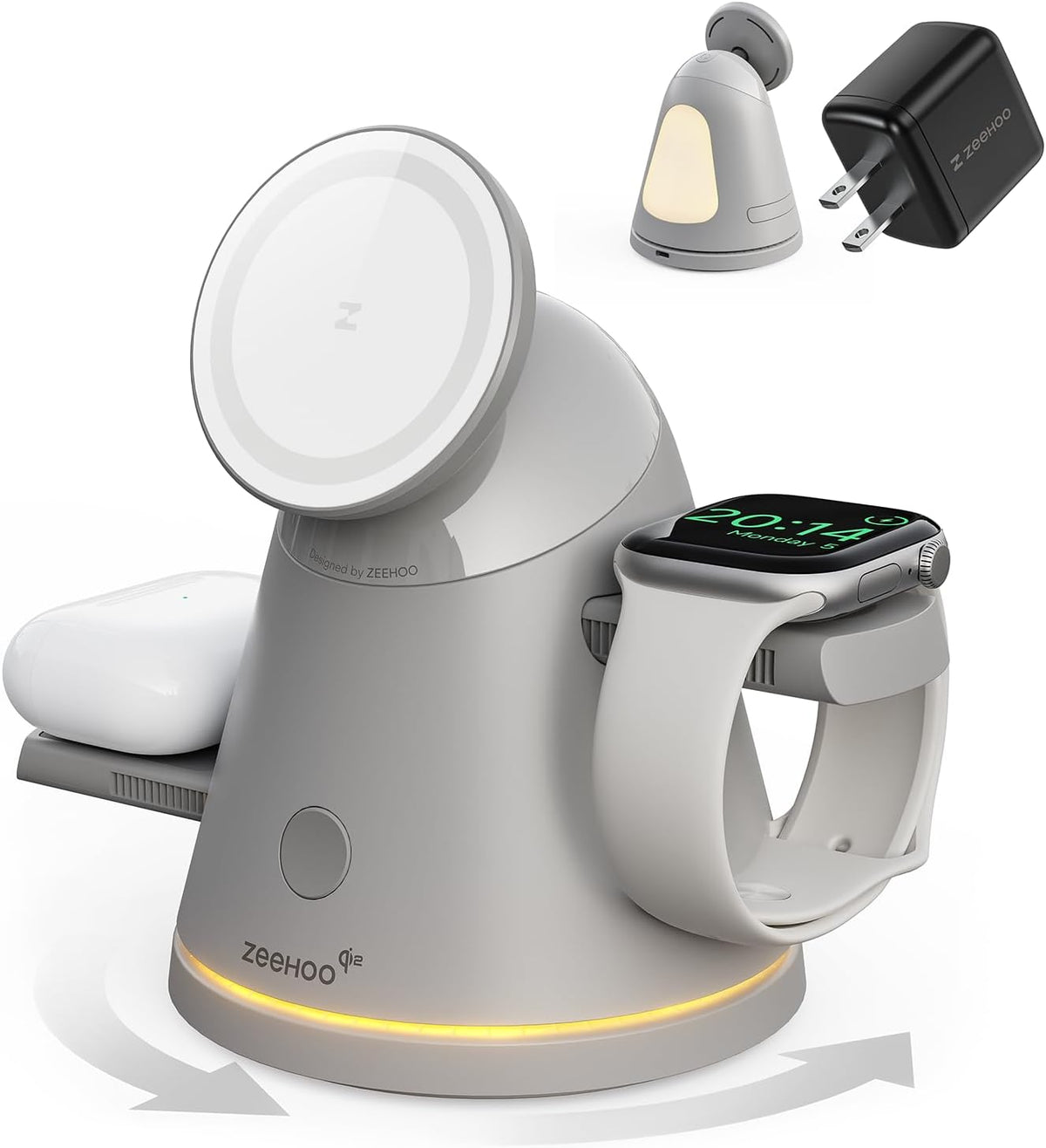 ZEEHOO 4 in 1 Wireless Charging Station for Apple,Mag-Safe Charger&Dimmable Light,Qi2 15W Rotating Fast Wireless Charger for iPhone 16,15,14,13,12&Pixel 10&iWatch&Samsung Watch&AirPods(30W Adapter)