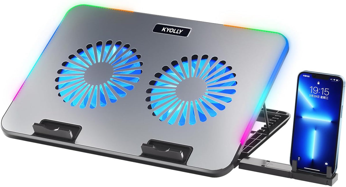Upgarde Metal RGB Laptop Cooling Pad Gaming Laptop Cooler with 2 Large Fans, Adjustable Fan Speed, 7 Height Stand, 10 Modes Light with Memory Function for 10-17.3 Inch Laptops