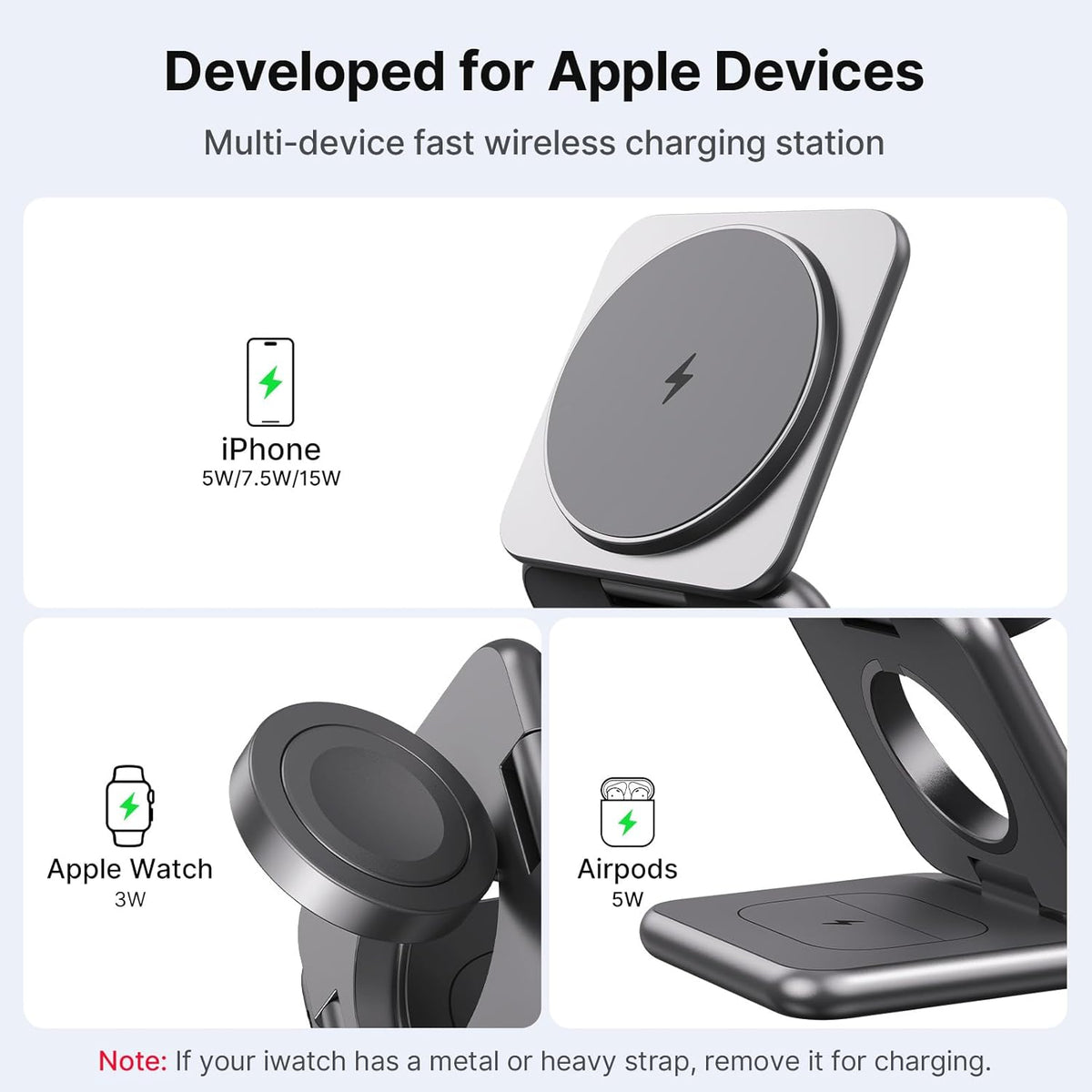 3 in 1 Charging Station for Apple Multiple Devices, Zinc Alloy Foldable Travel Wireless Charging pad for Mag-Safe Wireless Charger Stand for iPhone 16 15 14 13 12 Apple Watch Airpods