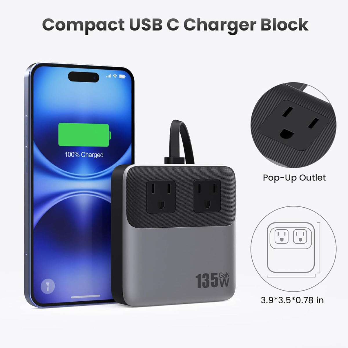 6-in-1 Charging Station USB C Power Strip with 5ft Cord and Plug,135W GaN-IV USB C Charger Block,2 AC Outlets,2 USB-A,2 USB-C for MacBook,iPhone 16/15/14,Fast Charging Desktop Charger for Office,Home