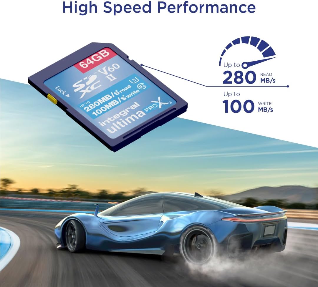 Integral 64GB 2-Pack UHS-II SD Card V60 Up to 280MBs Read and 100MBs Write Speed 1733X SDXC Professional High Speed Memory Card
