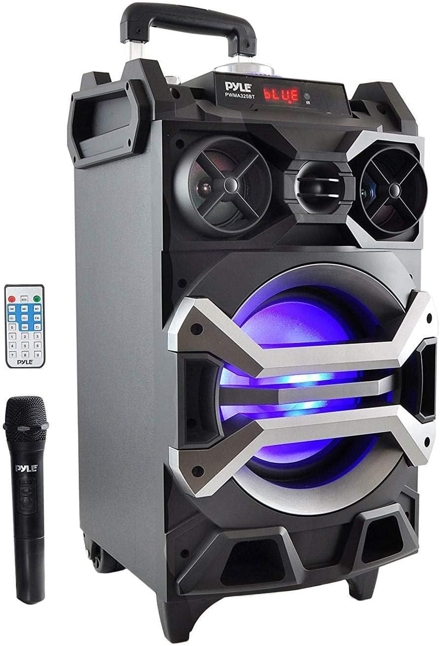 Pyle 500 Watt Portable BT Connectivity Karaoke Speaker System - PA Stereo with 8" Subwoofer, DJ Lights Rechargeable Battery Microphone, Recording Ability, MP3/USB/SD/FM Radio - PWMA325BT