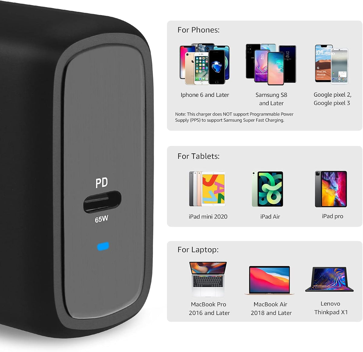 Amazon Basics 65W One-Port GaN USB-C Wall Charger with Power Delivery PD, Foldable Plug, for Laptops, Tablets & Phones, Black