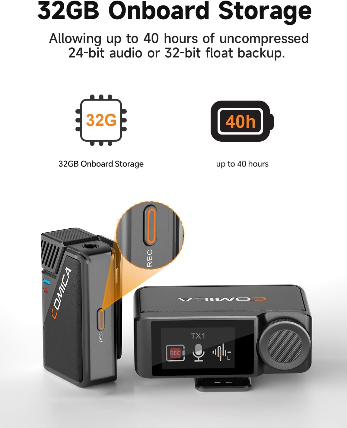 COMICA BooMax Wireless Lavalier Microphone System, 32-Bit Float Mic with 32GB Internal Recording, Touchscreen, Noise Cancellation, Dual Lapel Mics for iPhone, Android, DSLR, Camera, Video, Streaming