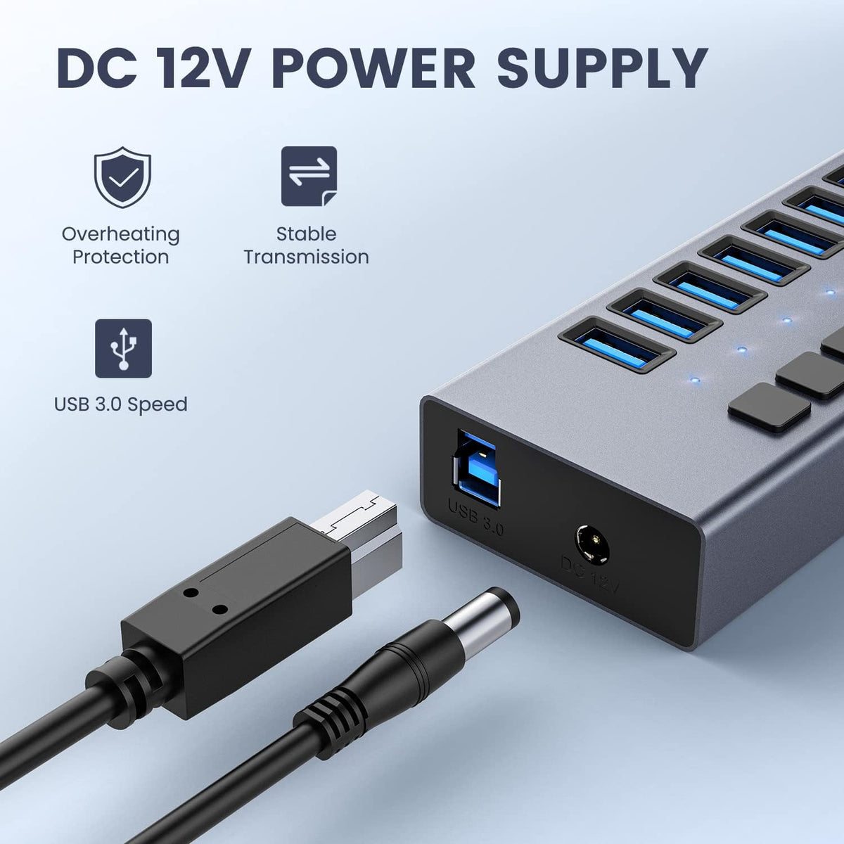 48W Powered USB Hub - ACASIS 10 Ports USB 3.0 Data Hub, Individual On/Off Switches, 12V/4A Power Adapter, Aluminum Housing, USB Splitter for PC, Computer, Mobile HDD, Flash Drive