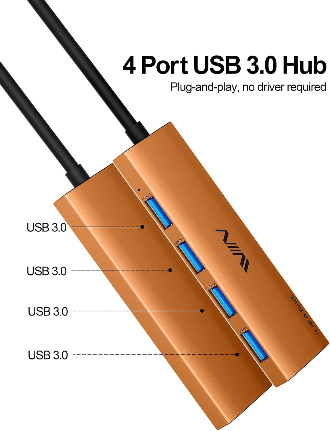 USB 3.0 Hub,4 Port USB Splitter Extender Portable Adapter Multiport Data Hub for Laptop,Xbox, Flash Drive,HDD,Console,Camera,Keyborad,Mouse Windows,Mac OS PC,Not Designed to Charge Devices-Orange