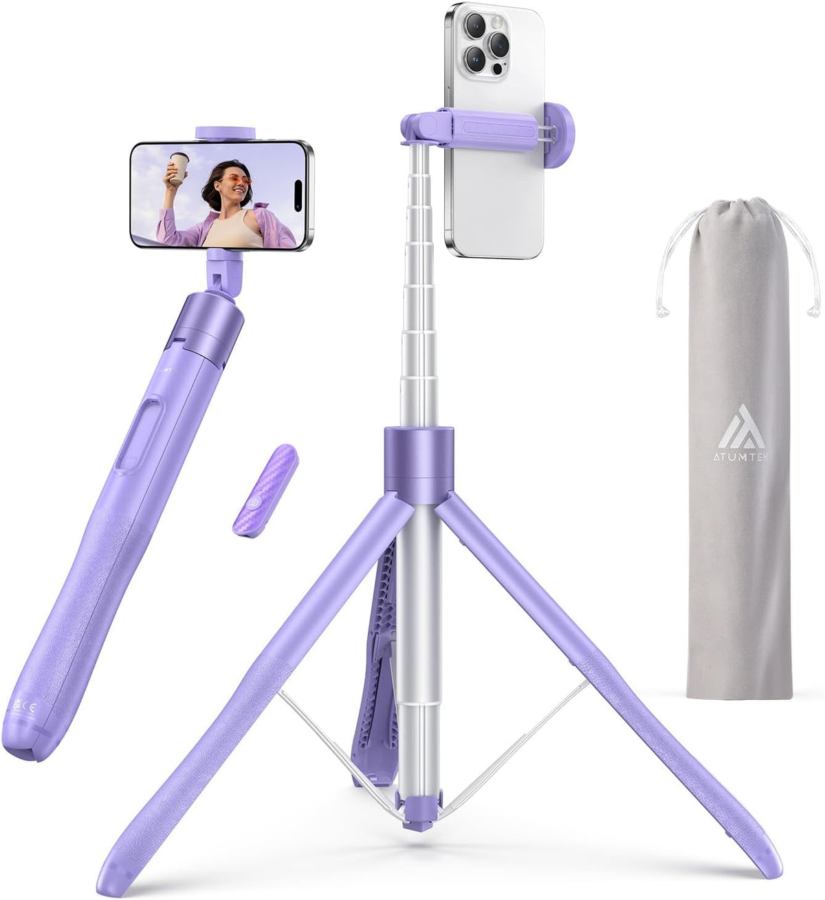 ATUMTEK 60" Selfie Stick Tripod, All-in-One Extendable Phone Tripod with Bluetooth Remote, Storage Bag Included, for iPhone and Android Phone Selfie, Video Recording, Vlogging, Live Streaming, Purple
