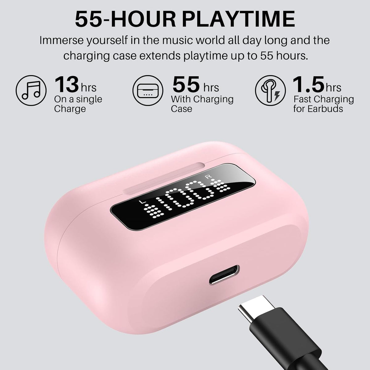 TOZO NC3 Hybrid Active Noise Cancelling Wireless Earbuds with 6 Mics AI Clear Call Ear Buds 55H Playtime with LED Display 32 Preset EQs via APP Bluetooth 5.3 IPX8 Waterproof in Ear Headphones