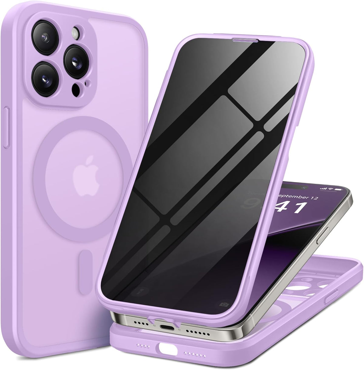 BERFY Magnetic for iPhone 14 Pro Max Case,Compatible with MagSafe,Built-in Privacy Screen Protector and Upgraded Camera Protection,Anti-Spy Full Body Shockproof Phone Case for 14 Pro Max, Light Purple