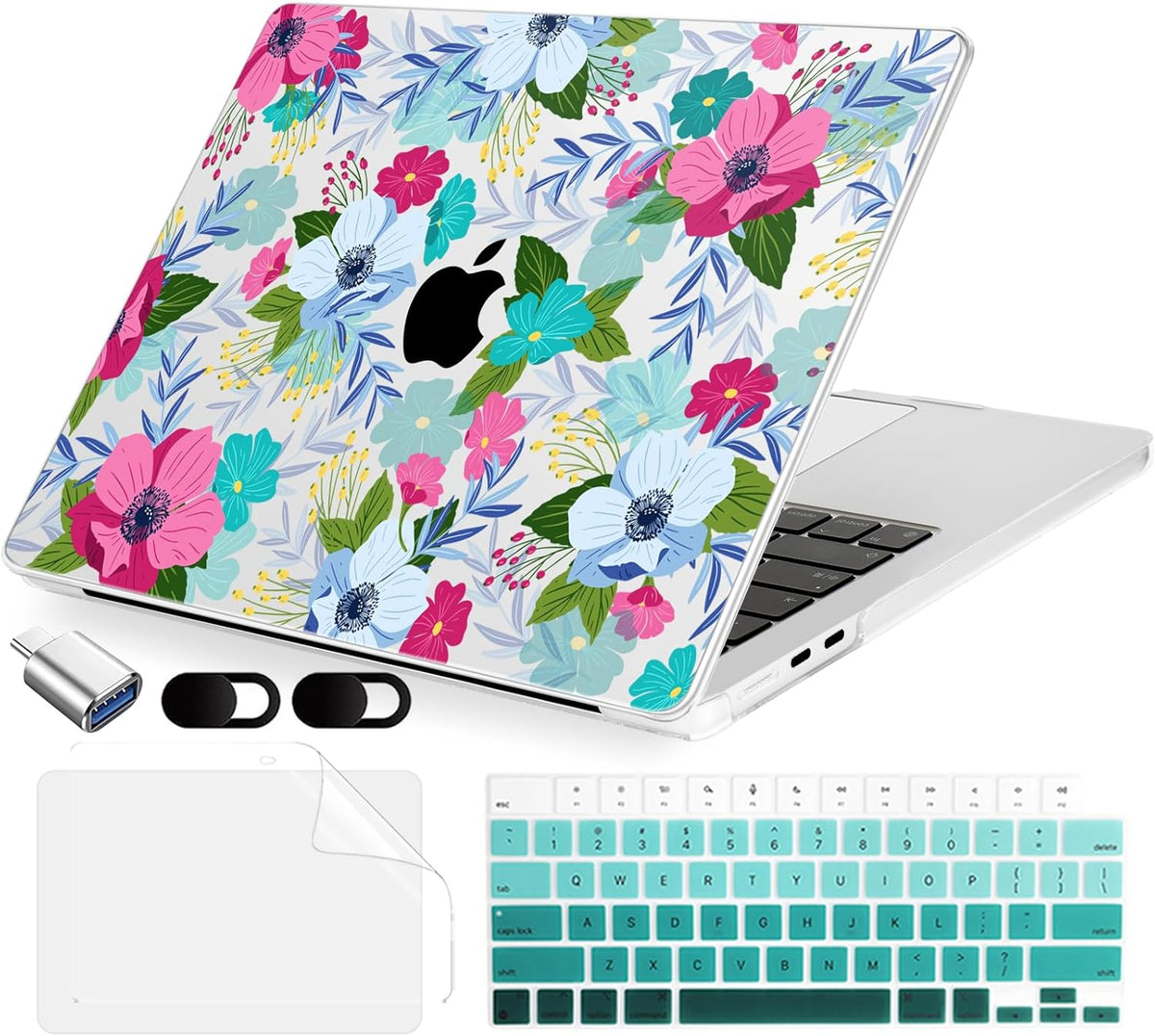Compatible with MacBook Air 15 inch Case, M4 A3241/M3 A3114/M2 A2941 (Released 2025 to 2023), Hard Shell, Keyboard Cover, Screen Protector, Webcam Cover & Type-C Adapter, Colored Flowers