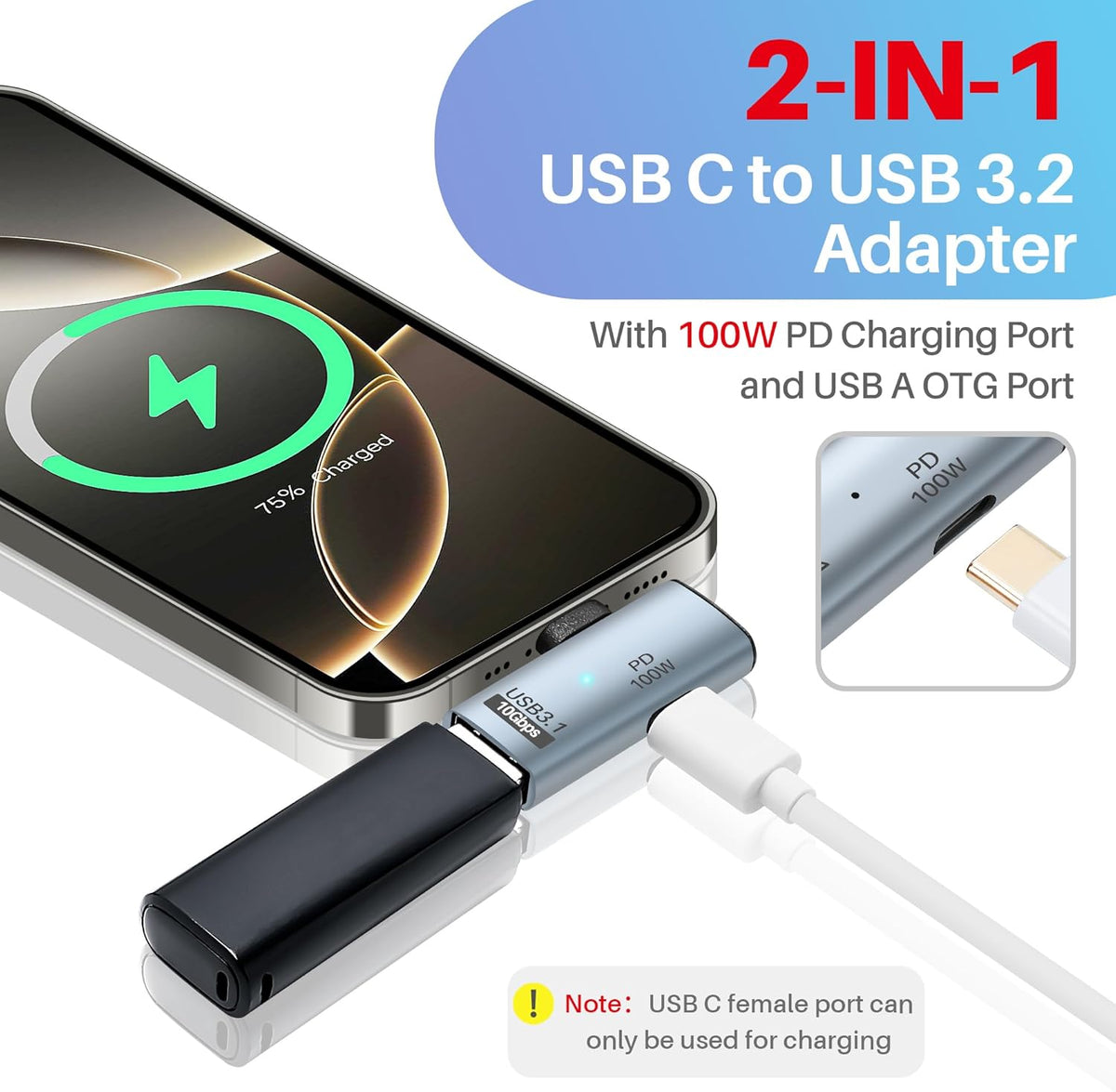 2-in-1 USB C 3.1 to USB 3.0 10Gbps Adapter with 100W Charging Port, USB Female to USB Type-C Male OTG (On The Go) Data Transfer Converter for iPhone 16/15 Series, MacBook, iPad and More Type C Devices