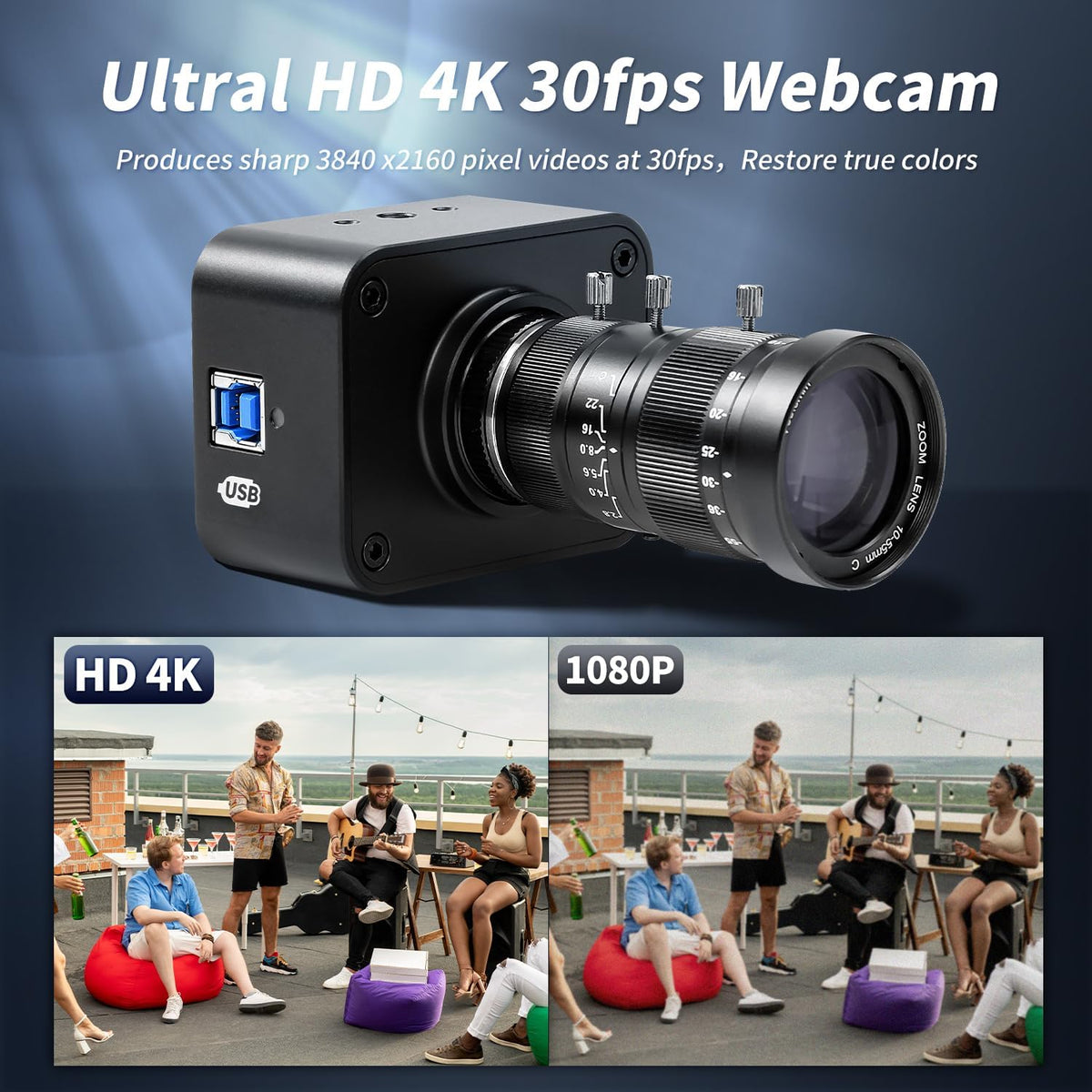 MOKOSE USB Camera 4K, USB3.0 Manual Focus Webcam with C-Mount 10-55mm Telephoto Zoom Lens, IMX678 1/1.8" 8MP Sensor Support YUY2,Web Camera for Desktop Computer Laptop