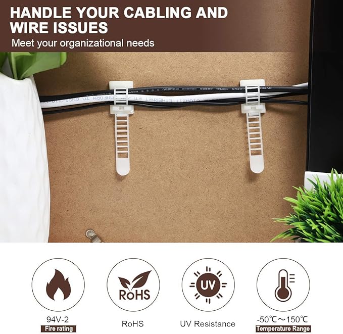 100Pcs Adhesive Cable Management Clips with 50Pcs Zip Ties, Adjustable Nylon Cable Strap Ties Wire Clips Clamps Organizer, Extra Screw & Hole - 3.55 Inch White