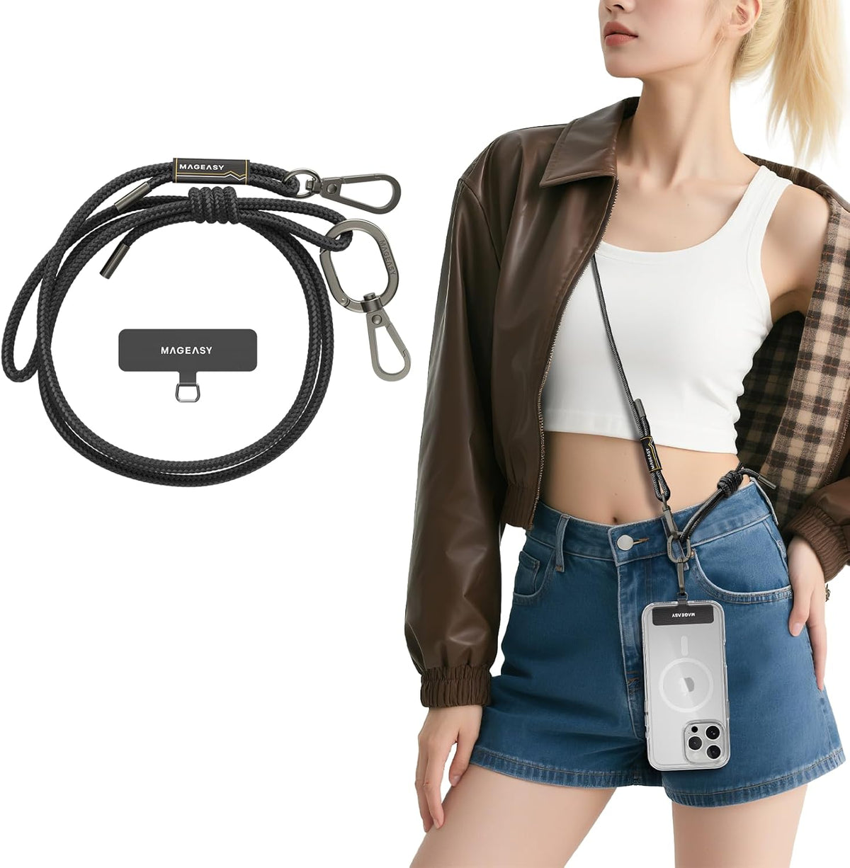 MAGEASY Universal Cell Phone Lanyard - Anti-Theft Rope Crossbody Phone Strap for iPhone 16 Pro Max & Most Smartphones, for Men & Women | 6mm Black