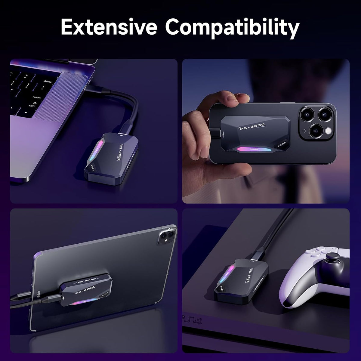 1TB Magnetic Portable SSD,2050MB/s Type-C USB 3.2 Gen 2x2 External SSD,4K ProRes Record and Store,Aluminum alloy,RGB Touch Lighting,External Solid State Drives for iPhone15/16/Android/PC/Mac -PS2200