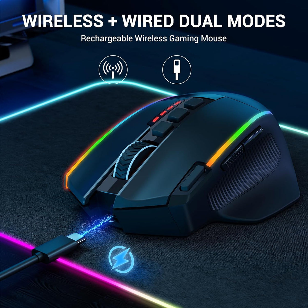 Redragon Wireless Gaming Mouse, Ergonomic Mouse 16000 DPI with Rapid Fire Key, 9 Macro Buttons, 170-Hour Durable Power Capacity and RGB Backlight Wired/Wireless Mouse for Laptop/Mac/PC