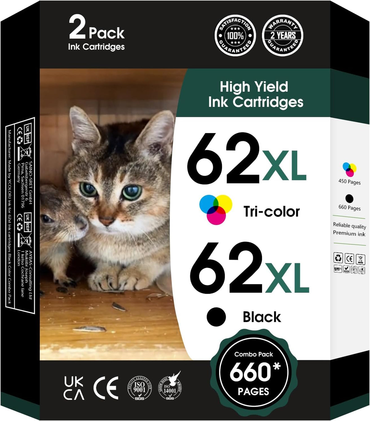 62XL 62 XL Ink Cartridges Black and Color for 62 Ink Cartridge Combo Pack Works with Envy 7640 5660 5540 7645 5661 for OfficeJet Mobile 250 200 258 for OfficeJet 5740 5745 8040 Printer(2-Pack)