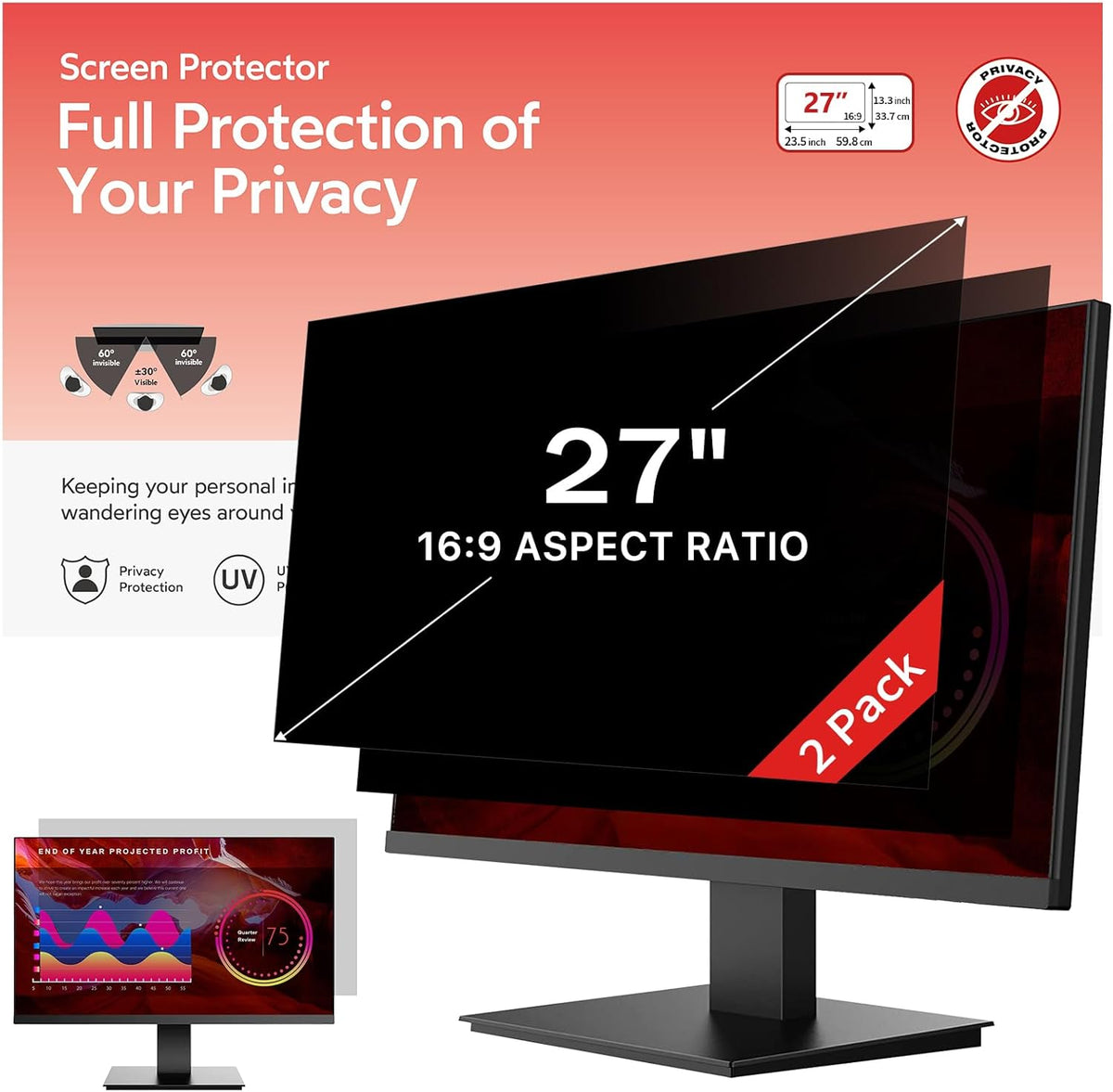 bersem 2 Pack 27 inch Removable Computer Privacy Screen Filter for 16:9 Ratio Monitor, Anti-Spy, Anti-Glare, Anti-Scratch, UV-Blocking