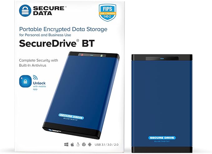 SecureData SecureDrive BT 1TB SSD Hardware Encrypted USB 3.0 Ext Drive FIPS 140-2 Level 3 Unlock via Phone app TAA Compliant CJIS HIPAA CMMC GDPR Compliant Works with Mac and Win Free AV