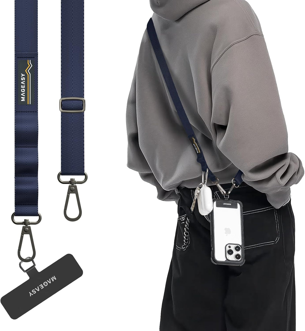 MAGEASY Universal Cell Phone Lanyard Crossbody - Anti-Theft Crossbody Phone Strap for iPhone 16 Pro Max & Most Smartphones, for Men & Women | 20mm (Midnight Blue)