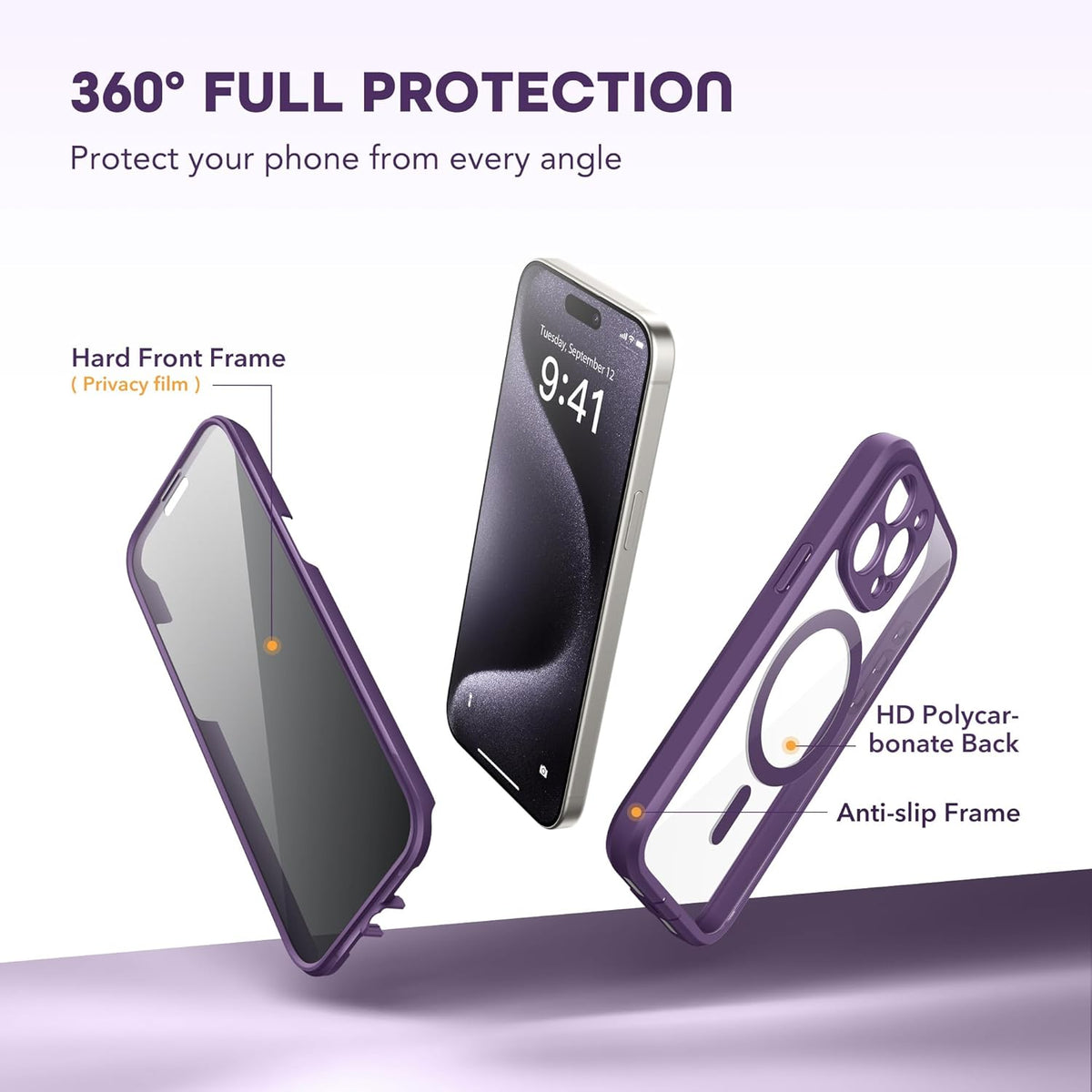 Magnetic for iPhone 15 Pro Max Case, Compatible with MagSafe, Built-in Privacy Screen Protector and Camera Protection, Anti Spy Full Body Dustproof Shockproof Hard Phone Case 6.7", Purple
