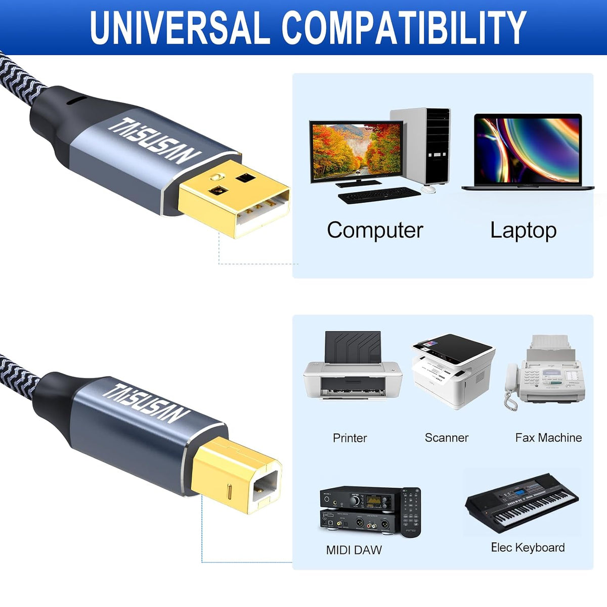 6ft USB A to B Printer Cable - High Speed Cord Compatible for Keyboard, MacBook, Scanners - Gray