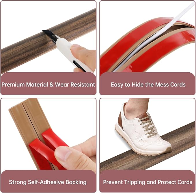 Floor Cord Cover Self Adhesive Cord Hider Floor Extension Cord Covers for Floor Power Cord Protector Cable Management Prevent Cable Trips Cable Cavity 0.51" W x 0.31" H (Smoked Brown Wood, 10Ft)