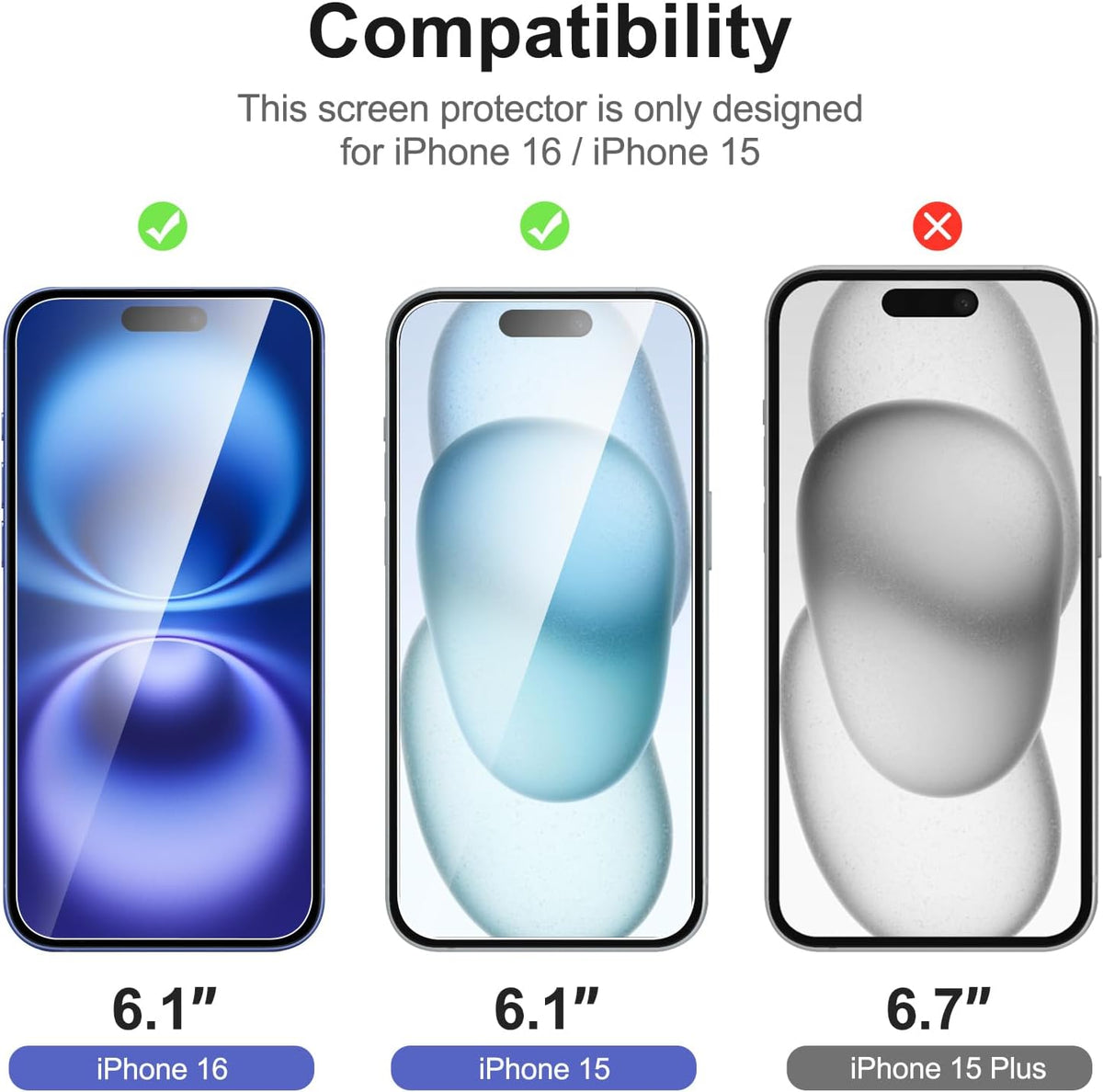 NEW'C 3 Pack Designed for iPhone 16, iPhone 15 Screen Protector (6.1 inches),Enhanced Tempered Glass Protection with easy installation tool included,Ultra Resistant