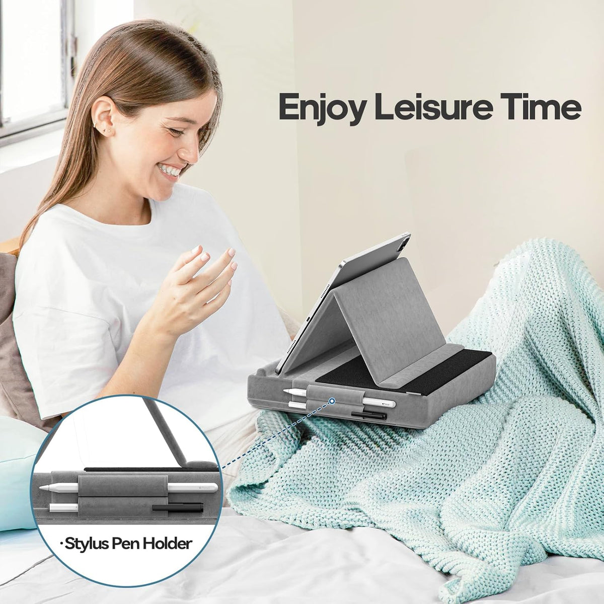 KDD Tablet Pillow Stand, Multi-Angle Viewing Ipad Holder for Lap, Bed and Desk, Foldable Soft Pad Dock with Stylus Mount Compatible with Ipad Pro 12.9, 10.5, 11, Air, Mini, Phones, Books, E-Reader