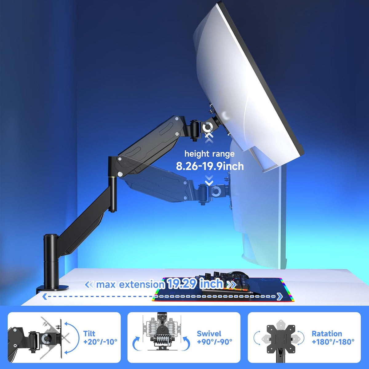 Pholiten Premium Aluminum Heavy Duty Monitor Arm，Ultrawide Monitor Arm,Full Motion Single Computer Mount for Computer Screens up to 43 inchs and 28.6lbs,Adjustable Clamp and Grommet Vesa Mount.