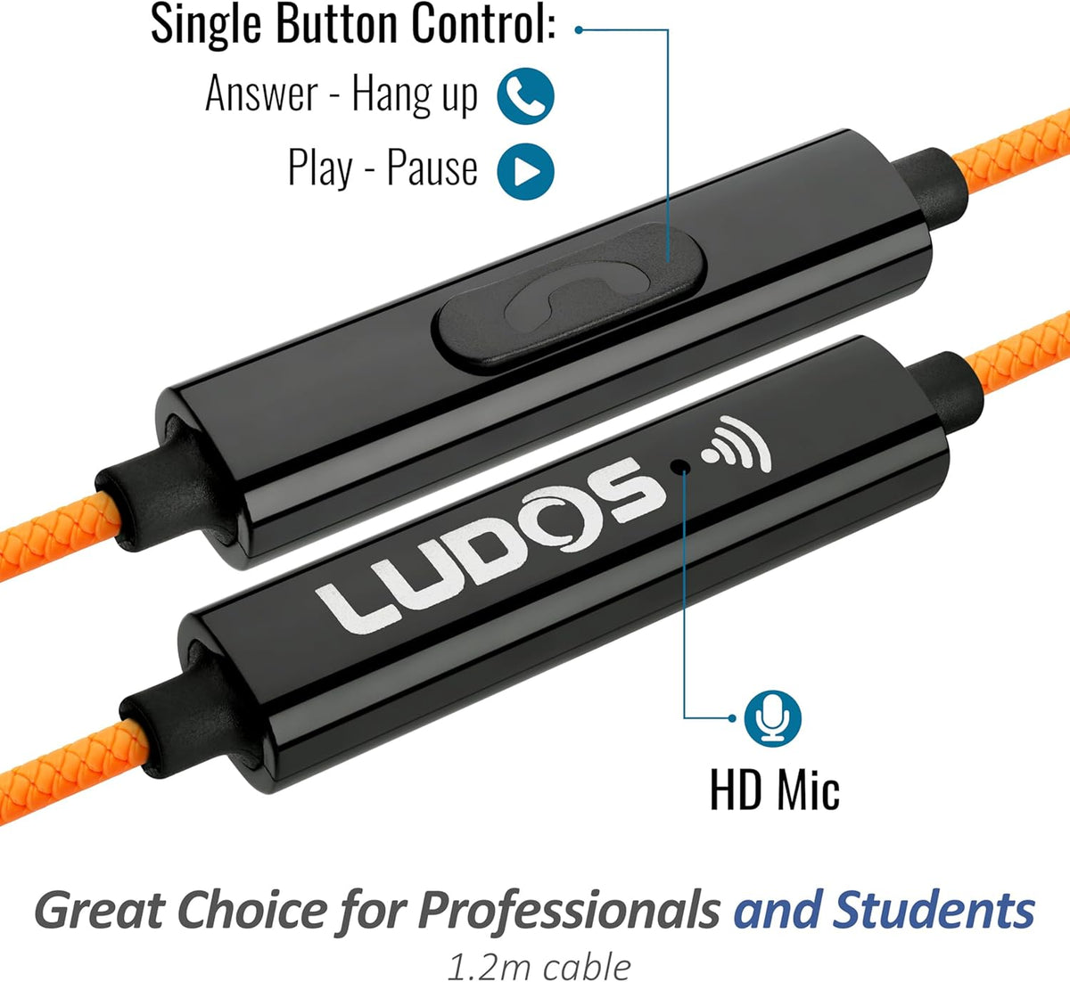 LUDOS Clamor Wired Earbuds in-Ear Headphones, 5 Years Warranty, Earphones with Microphone, Noise Isolating Ear Buds, Memory Foam for iPhone, Samsung, School Students, Kids, Women, Small Ears - Orange