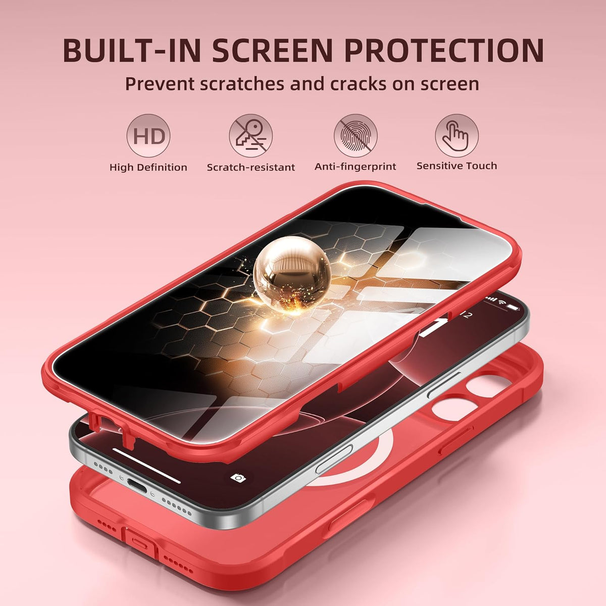 BERFY Magnetic for iPhone 16 Pro Max Case, Compatible with MagSafe, Built-in Privacy Screen Protector and Upgraded Camera Protection, Anti-Spy Full Body Shockproof Phone Case for 16 Pro Max 6.9", Red