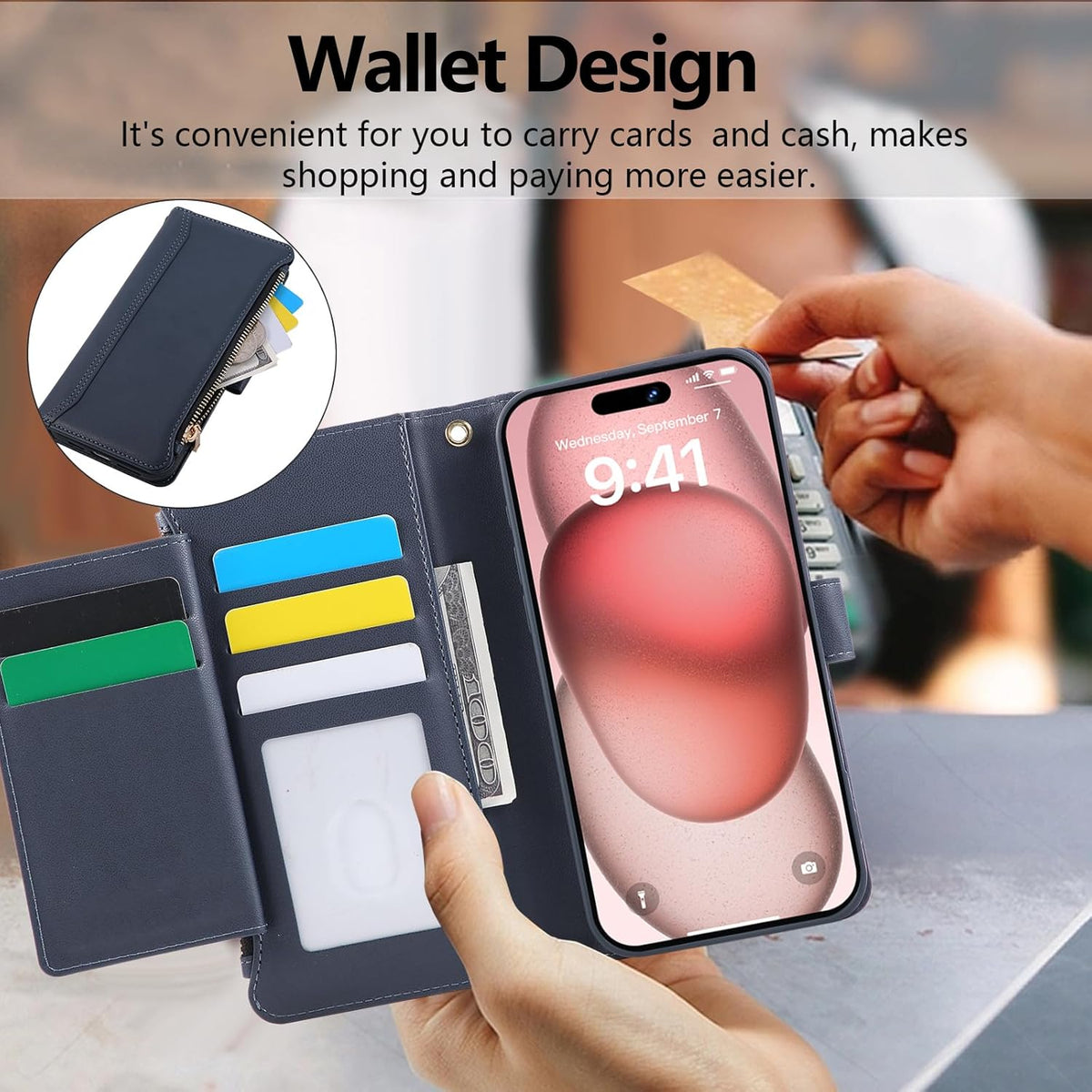 Compatible with iPhone 13 Pro Max Wallet Phone Case-PU Leather Magnetic Flip Cover with Credit Card Slots,Zipper Pocket & Detachable Wrist Strap,Shockproof Design,for Women and Men-Navy Blue
