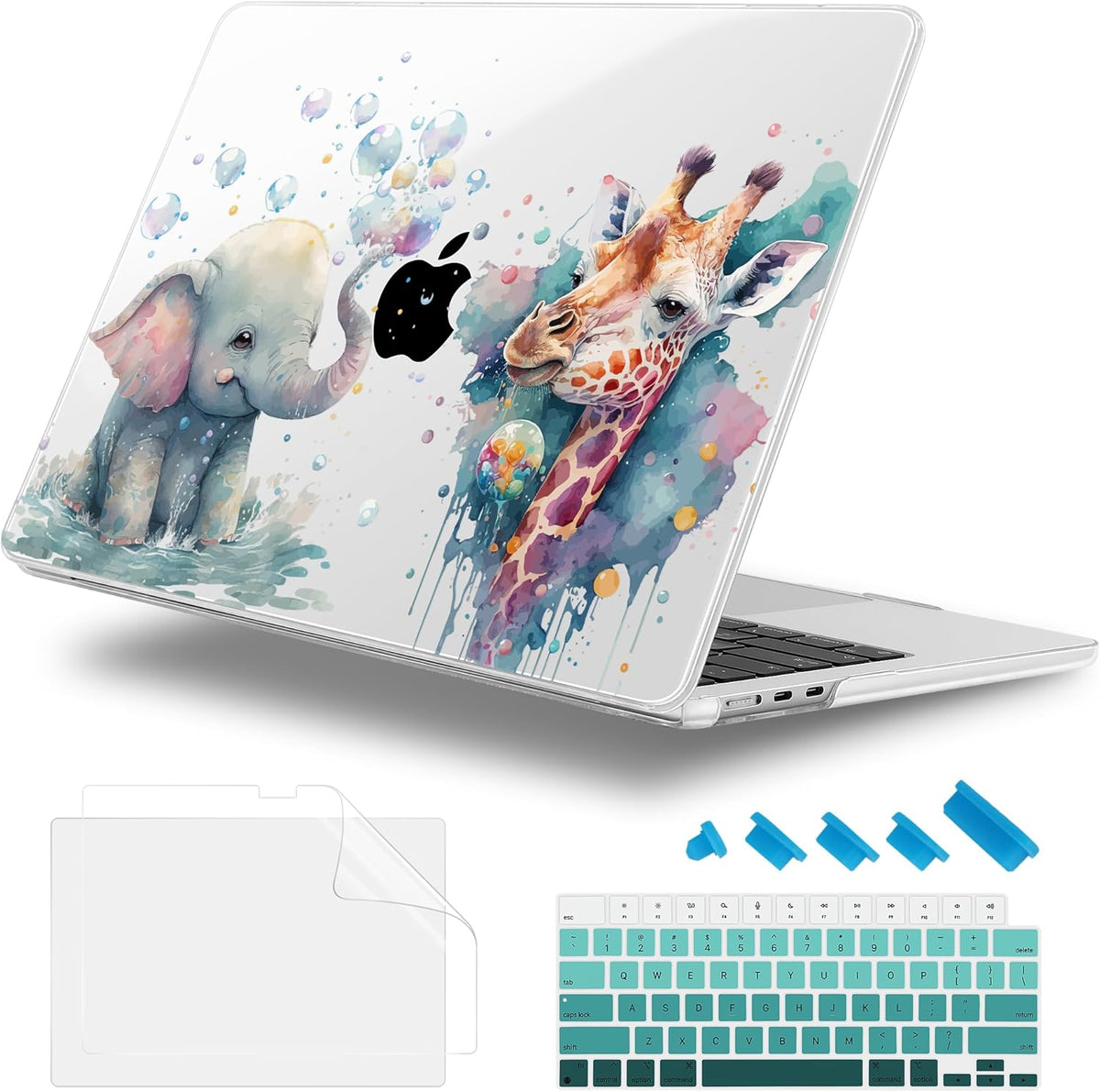 Case for MacBook Air 15 Inch 2025 2024 2023 Release M4 A3241 M3 A3114 M2 A2941, Hard Shell with Screen Protector & Keyboard Cover, Compatible with Touch ID - Elephant & Giraffe