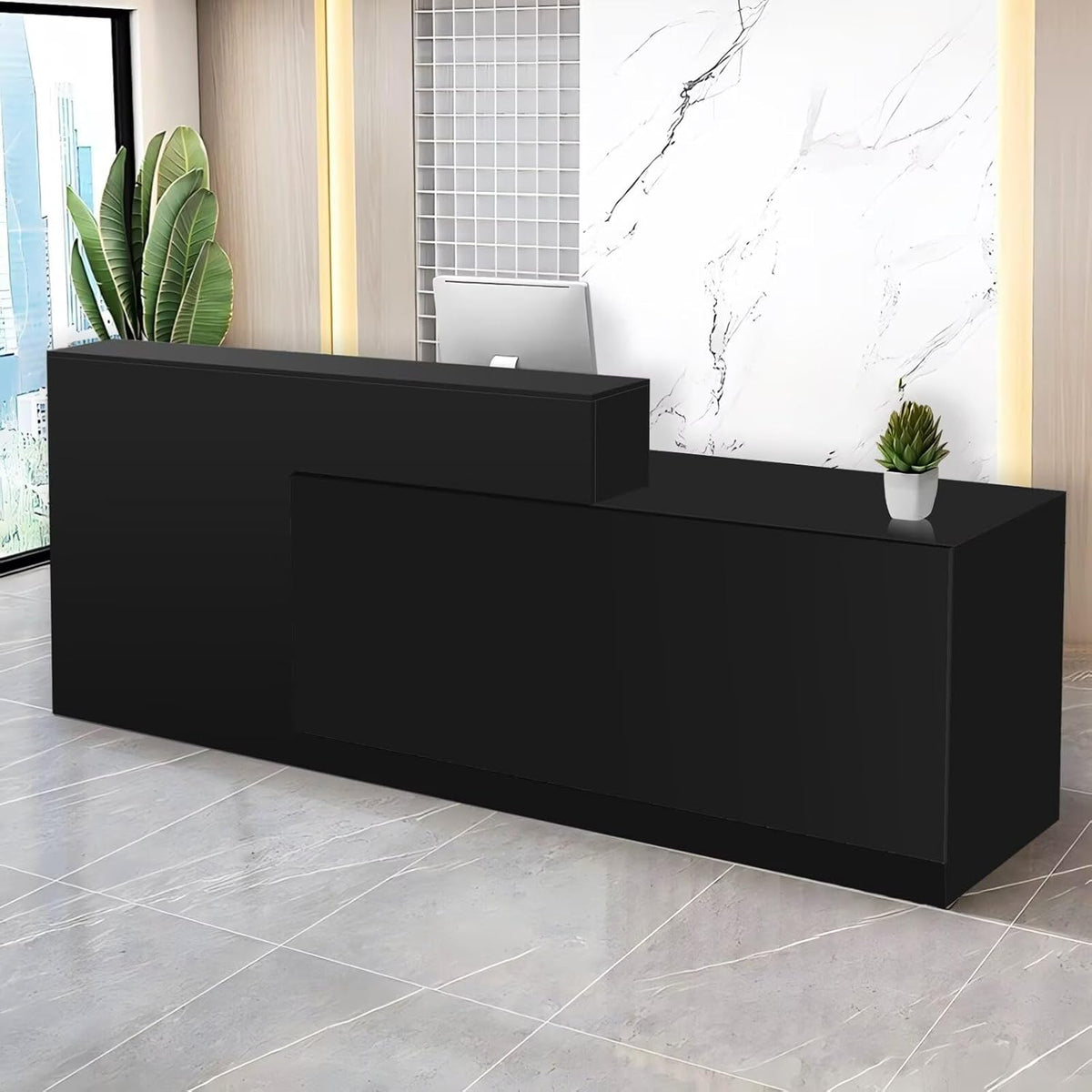Reception Desk with Counter Modern Checkout Counter with Lockable Drawer Keyboard Tray Receptionist Desk for Office Salon Reception Table J Right 79inch/200cm