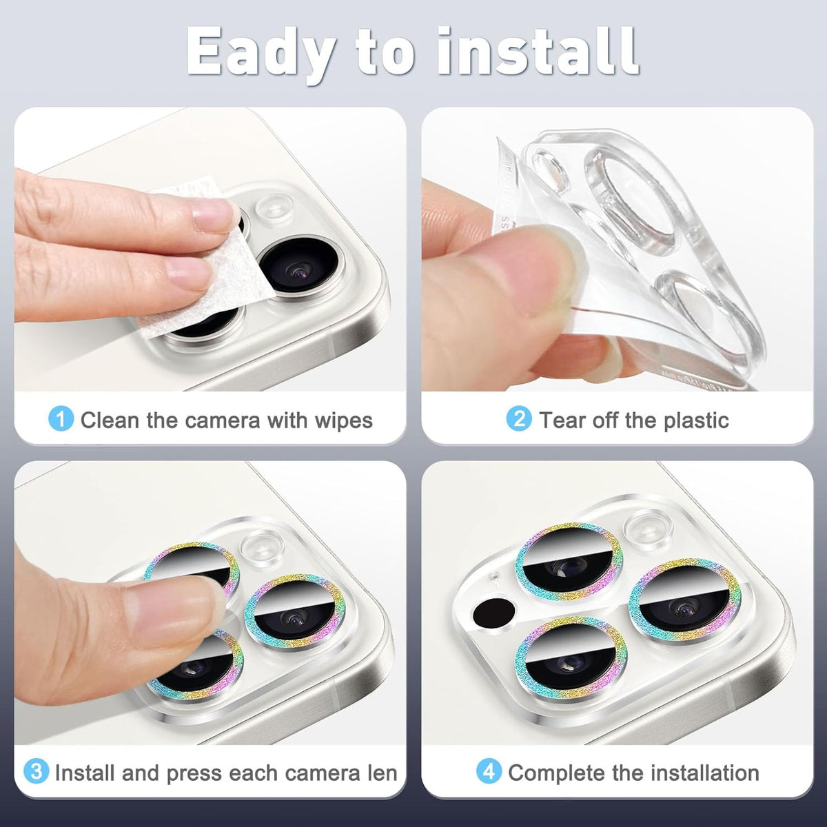 LucBuy 3PCS Sparkling Camera Lens Protector for iPhone 15 Pro/iPhone15 Pro Max, Full Clear Acrylic Cover with Shiny Colorful Glitter Designed Decoration Back Camera Protector