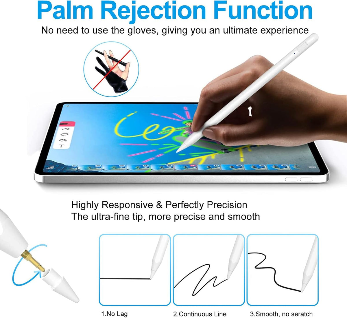Stylus Pen for iPad 2018-2025 with Palm Rejection, Apple Pencil for Pad11th/10th/9th/8th/7th/6th Gen, iPad Pro 11/12.9 inch, New iPad Air 2025 11&13-inch(M3/2) /5th/4th/3th Gen, iPad mini 6th/5th