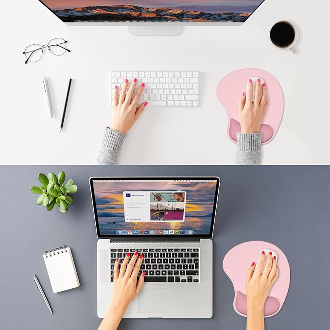 ITNRSIIET Ergonomic Mouse Pad, Cushioned Gel Wrist Rest, Non-Slip Base, Smooth Surface, Cute Multi-Color, 9.5 x 8.2 in, Pink Accent