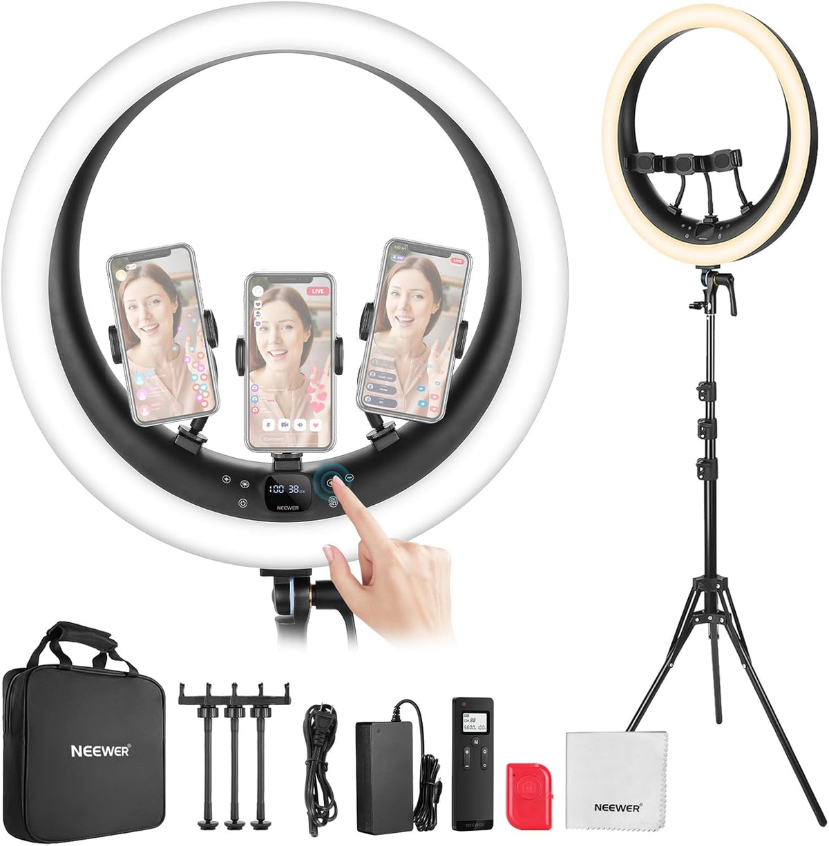 NEEWER RP19H 19" Ring Light with Tripod Stand/3 Phone Holders/Cleaning Cloth Compatible with iPhone, 2.4G Touch Control LED Ringlight for Video Recording Studio Streaming Zoom Selfie Makeup Lighting
