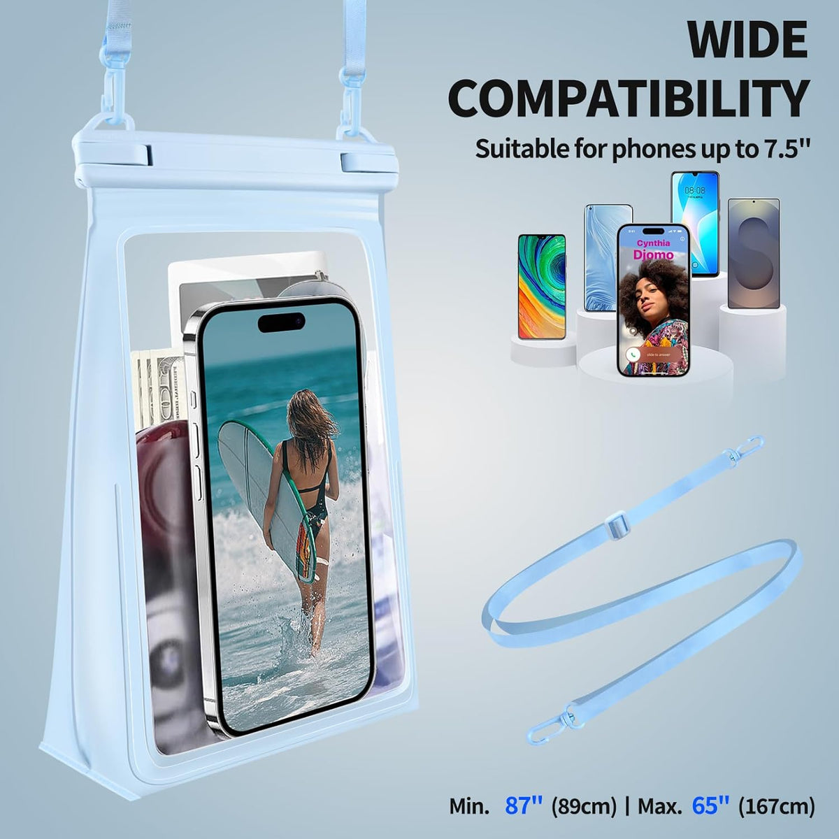 Large Waterproof Phone Pouch Floating, [Double Seals] IPX8 Waterproof Pouch for Beach Vacation, Cell Phone Dry Bag for iPhone Samsung Google All Phones Light Blue